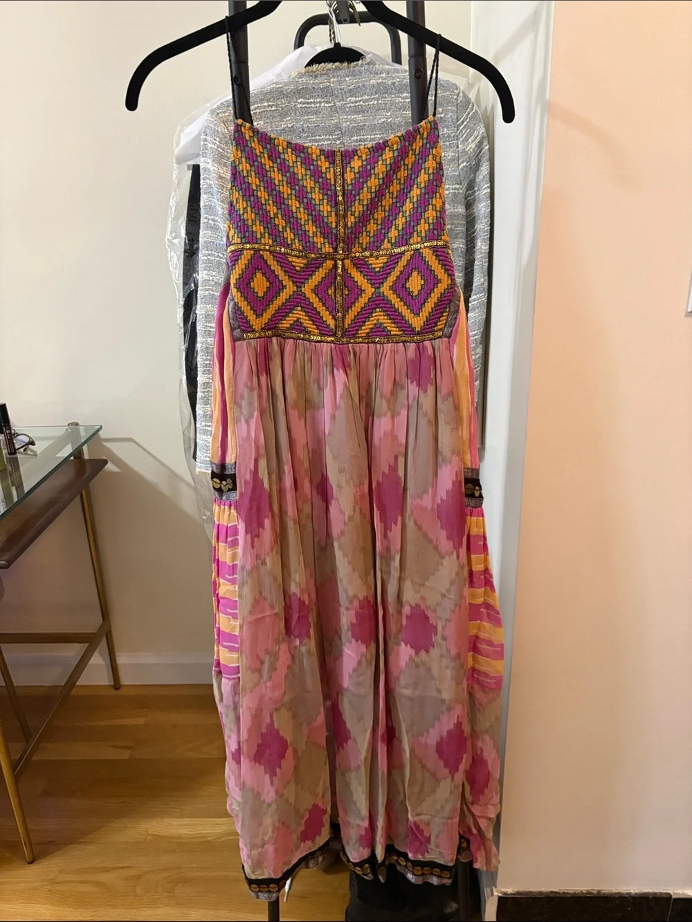 Free People Midi Dress with Pink & Gold Embroidered Bodice